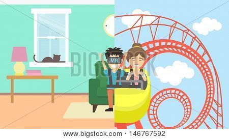 Man in vr riding rollercoaster. Young smiling man having fun in virtual reality game. Virtual amusement park with roller coaster.