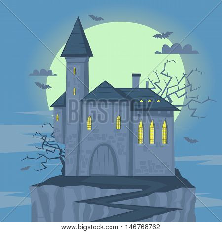 Happy halloween poster, banner, fly-er. Castle on the hill. Halloween party. Flat design vector illustration.