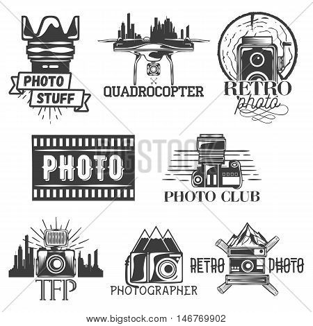 Vector photography theme set in vintage style. Monochrome logo, banner, badges or emblems for photo studio, isolated illustration
