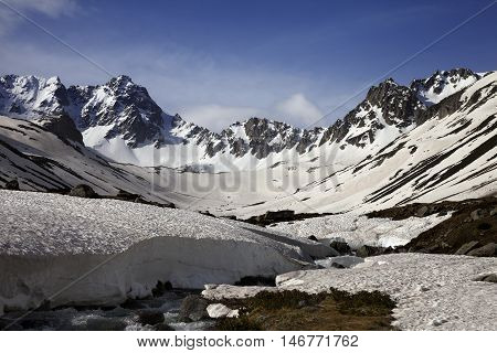 River With Snow Bridges In Spring Mountains At Sun Morning