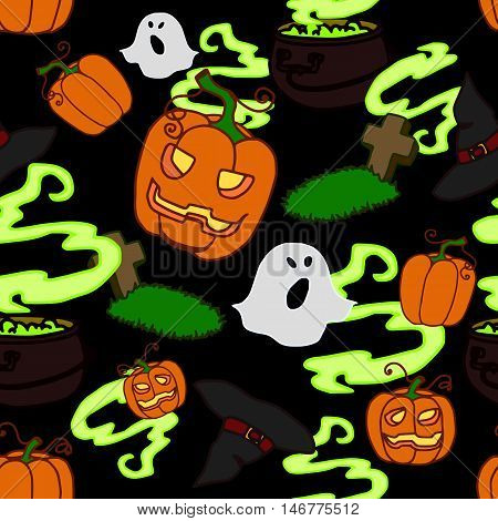vector illustration seamless pattern pumpkin lantern glowing darkness of the tomb tombstone potion boiler smoke hat terrible dark