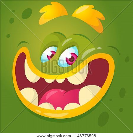Cartoon monster face. Vector Halloween green monster avatar with wide smile