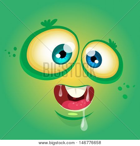 Cartoon monster face. Vector Halloween green monster avatar with wide smile