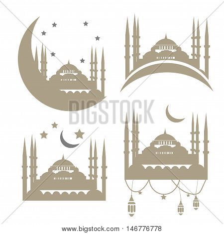 Muslim Community Vector Templates With the ancient Mosque in gold and silver color. Mosque with minarets and moons Vector Set.