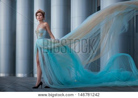 Girl with the developing dress walks among the columns on her head a crown.