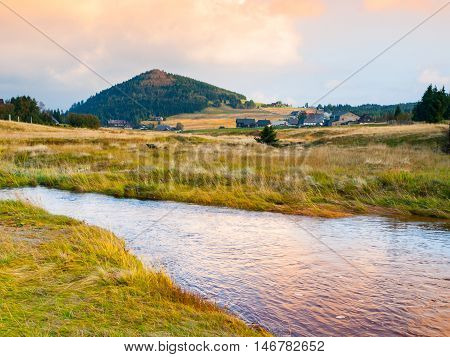 Conical mountain Bukovec above Jizerka village and Jizerka creek, Jizera Mountains, Czech Republic