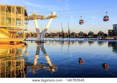 London UK - August 26 2016 - The Emirate Air Line or Thames Cable Car at sunset