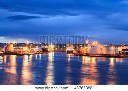 ABERDEEN SCOTLAND - 27 JANUARY 2016: Big supply boats in Abeerden harbor on 27 January 2016. Aberdeen port is one of the busiest ports in UK.