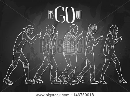 Group of walking people looking into their smartphones. Side view of men and women isolated on chalkboard. Trendy outdoor activities. Modern game.