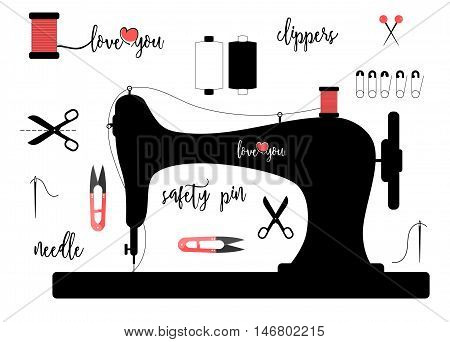 Elements for sewing isolated on white background with calligraphic lettering isolated on white background