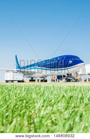 Baku - AUGUST 27, 2016: AZAL airplane boarding. 