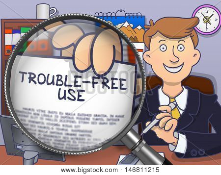Trouble-Free Use through Magnifier. Businessman Showing Paper with Text. Closeup View. Multicolor Modern Line Illustration in Doodle Style.