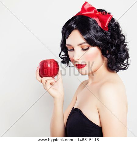 Brunette Girl with Red Apple. Carnival Snow-White character