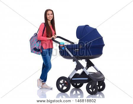 Full length portrait of a mother with a stroller, isolated on white background