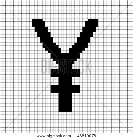 Sign pixel yen black in grid. Monochrome icon isolated on white lattice background. Pixelated design. Logo for business. Japan finance symbol made of pixels. Mark of commerce. Vector illustration