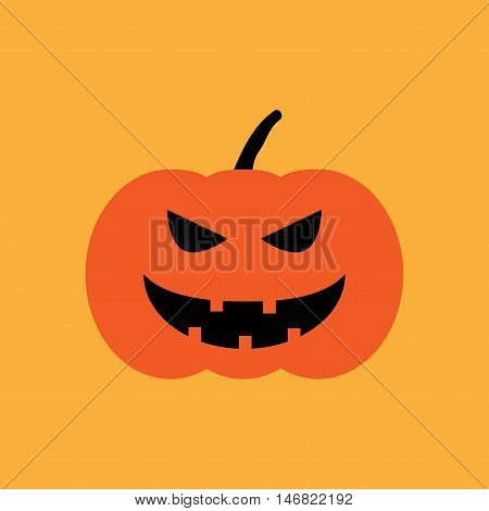 Halloween pumpkin sign. Image of jack-o-lantern. Color icon isolated on orange background. Symbol of autumn holiday. Logo for party. Horror face on vegetable. Mark of All hallows' day. Stock vector