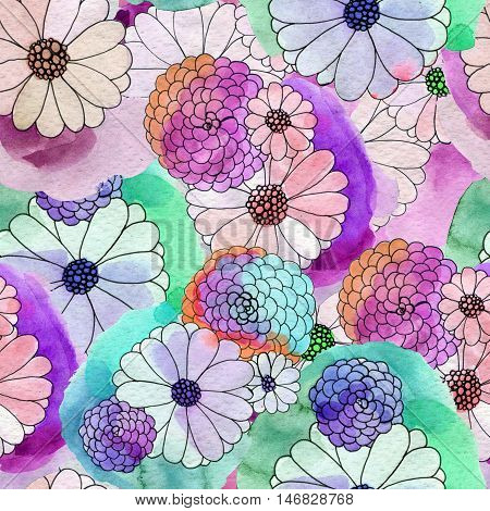 Seamless floral pattern with asters and daisy flowers. Floral watercolor background.