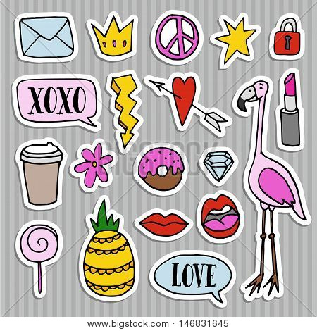 Set of fashion patches badges pins and stickers. Cool trendy hand drawn design. Isolatedvector objects