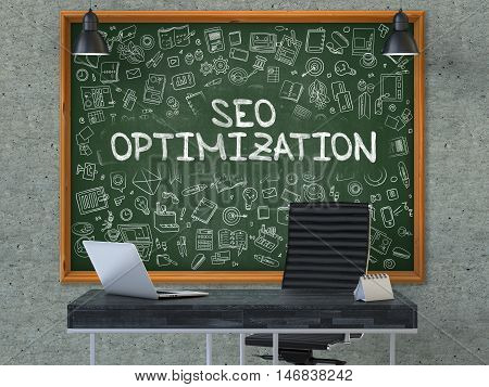 Green Chalkboard with the Text SEO - Search Engine Optimization - Optimization Hangs on the Gray Concrete Wall in the Interior of a Modern Office. Illustration with Doodle Style Elements. 3D.