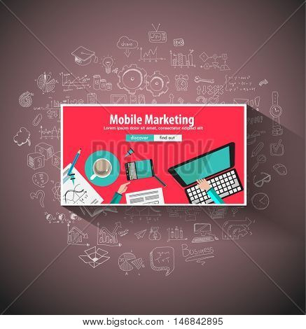 Mobile Marketing concept with Doodle design style :physics solution, re-engineering, parts design.Modern style illustration for web banners, brochure and flyers.