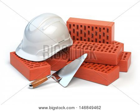 Hardhat,  bricks and trowel  isolated on white. Costruction concept. 3d illustration