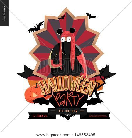 Halloween Party composed emblem invitation. Flat vectror cartoon illustrated design of a fat girl wearing Minnie Mouse costume, on striped shield, bats, pumpkin jack-o-lantern, ribbon, lettering
