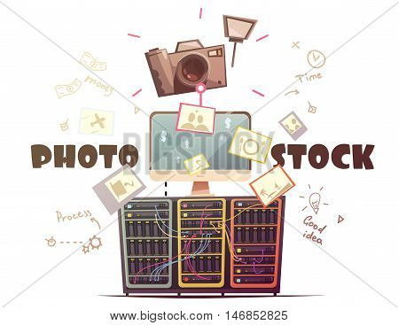 Successful high quality photo contributors to stock agencies concept symbols composition in retro cartoon style vector illustration