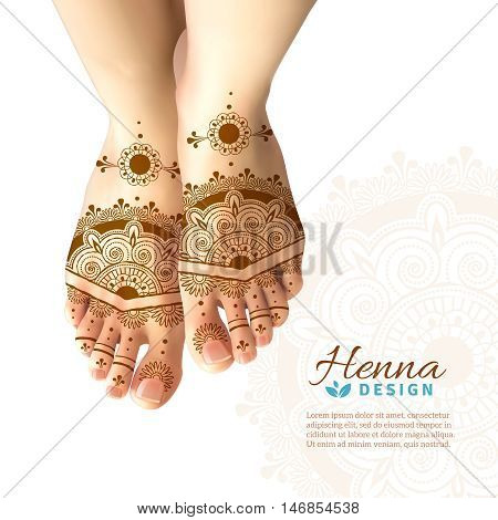 Bride feet coloring with indian henna paste or mehndi design of symbolic tattoos realistic advertisement poster vector illustration