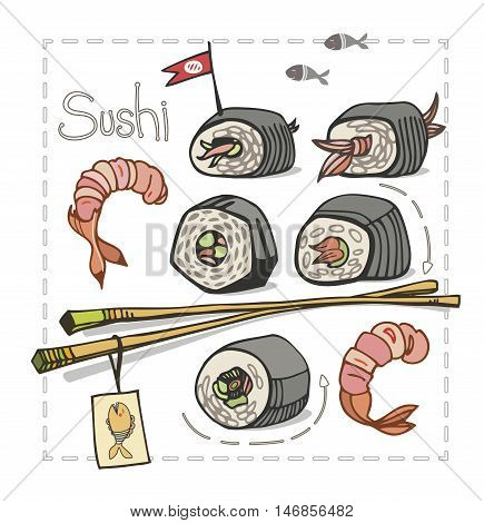 Sushi set with chopsticks on white background. Asian food. Vector illustration.