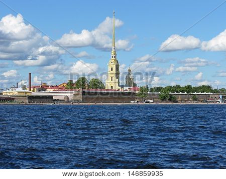 View of the Peter and Paul fortress and the Neva river. Peter and Paul cathedral. Landmark. Tourist attraction. Monument of architecture. Saint Petersburg, Russia.