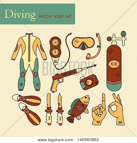 Vector line icons with diving equipment. Linear colored icons of scuba, oxygen balloon, diver knife, harpoon, spear gun, gauge, camera.