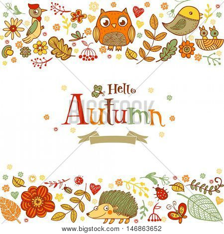 Hello Autumn banner in doodle style, hand-drawn animals and insects, flowers and plants