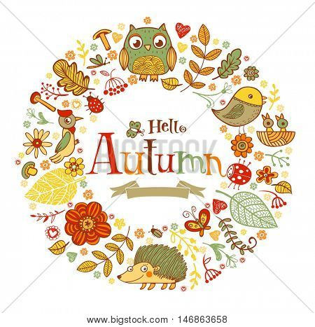 Hello Autumn banner in doodle style, hand-drawn animals and insects, flowers and plants