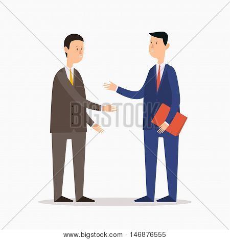 Two businessmen standing, talking, discussing negotiating. Flat modern, design style.