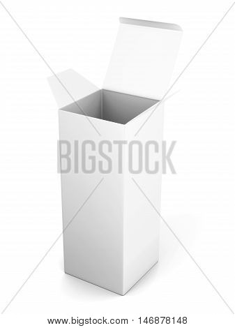 Blank open vertical cardboard box template standing on white background. Mock up for your design. 3d rendering.