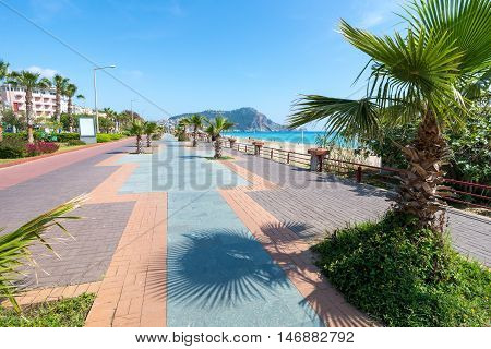 ALANYA TURKEY - MAY 2 2015: Alanya - Cleopatra beach. Long boardwalk and bike path Turkey