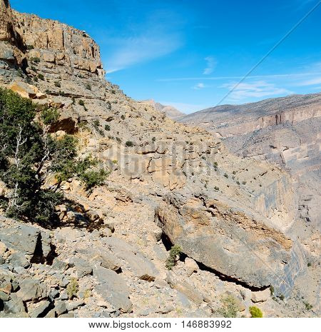 In Oman  The Old Mountain Gorge And Canyon The Deep Cloudy  Sky