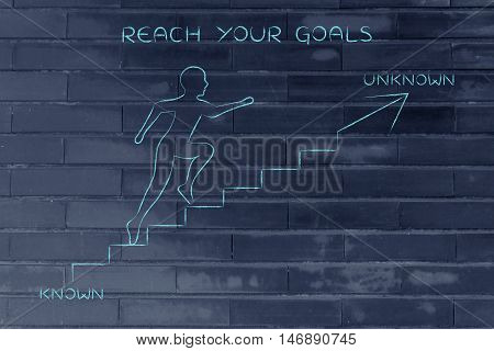 Known Or Unknown, Man Climbing Stairs Towards The Braver Direction