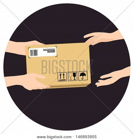 Concept for delivery service online shopping receiving package. Vector illustration. Hands of courier with parcel and customers hands.