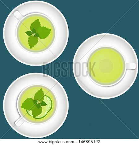 Vector illustration set of green tea cups with lime and mint.