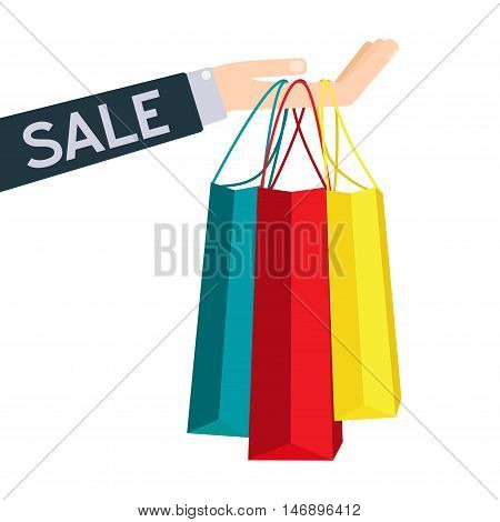 Sales and shopping concept. Vector illustration. Hand with shopping bags.