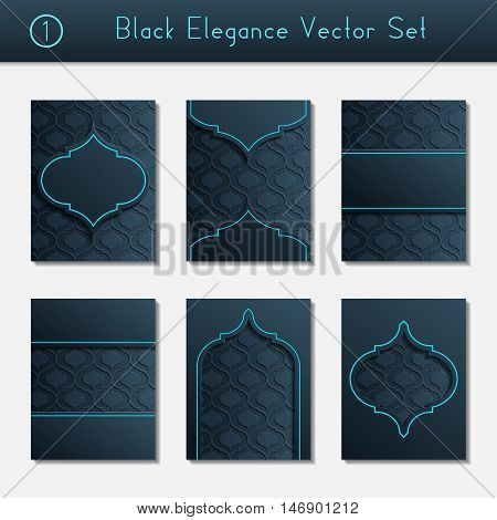 Set of 6 intricate and elegant black brochure designs with bright blue details. US Letter size. Easily croppable to A4 size. Graphics are grouped and in several layers for easy editing. The file can be scaled to any size.