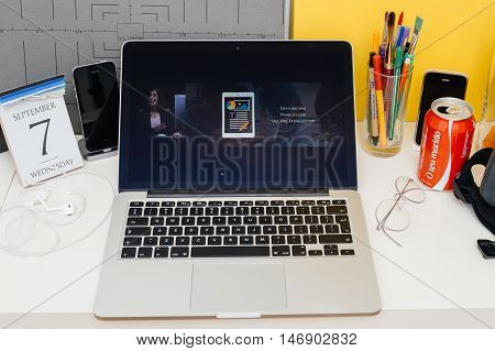 PARIS FRANCE - SEP 8 2016: Apple Computers website on MacBook Retina in room environment showcasing live coverage of Apple Keynote - iiWork suite eal-time collaboration for collaborative editing