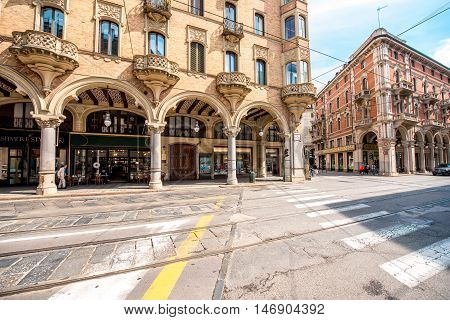 Turin, Italy - June 12, 2016: Cityscape view on the central street with beautiful buildings in Turin city in Piedmont region in Italy