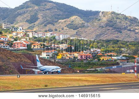 Funchal, Madeira - July 6, 2016: Enter Air Boeing 737 Lands At Funchal Cristiano Ronaldo Airport. Th