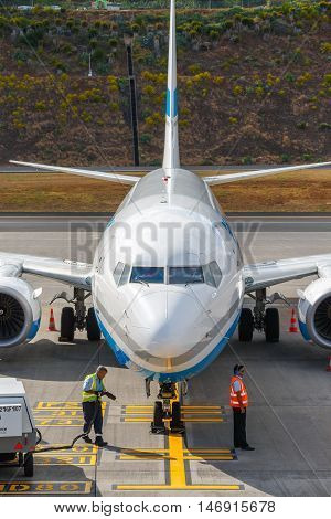 Funchal, Madeira - July 6, 2016: Enter Air Boeing 737 At Funchal Cristiano Ronaldo Airport, Boarding