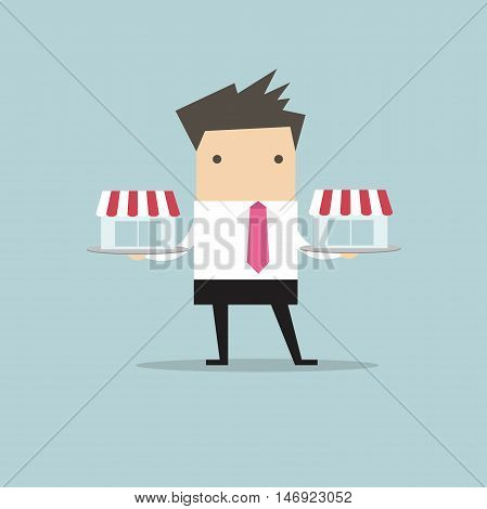 Businessman with franchis shop on tray, franchise concept. vector. flat design