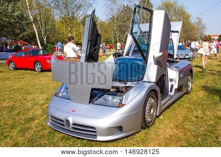 Mogliano VenetoItaly Sept 112016:Photo of a Bugatti EB 110 at meeting Top Selection 2016.The Bugatti EB 110 was a mid-engine sports car produced by Bugatti Automobili S.p.A. from 1991 to 1995 when the company went bankrupt.