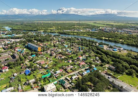 Yelizovo town on Kamchatka Peninsula. View from helicopter.