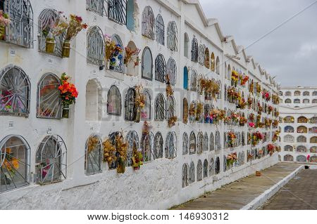 TULCAN, ECUADOR - JULY 3, 2016: vertical graves with a metalic door and flowers on each grave.